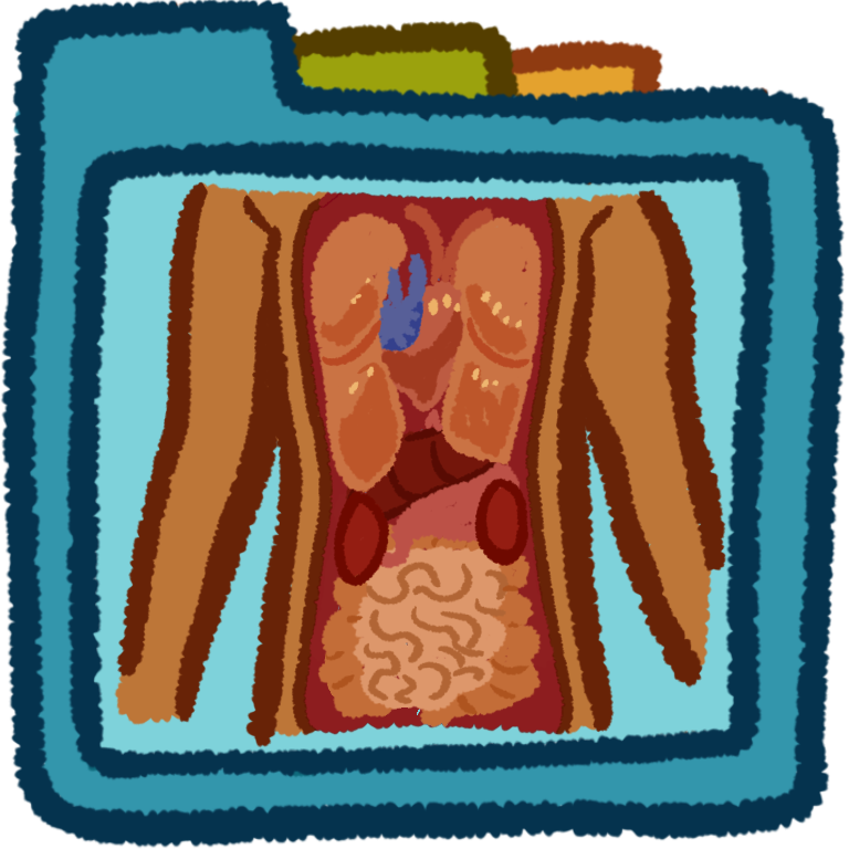 blue file folder with brown torso cross-sectioned to show internal organs.